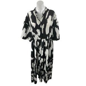 MONKL Black White Short Sleeve Abstract Button Front Maxi Shirt Dress Size XL